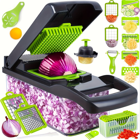 Coupe-légumes multifonction 16‑en‑1 – avec bac & panier égouttoir