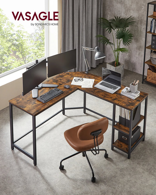 Bureau d’angle en L VASAGLE – avec 2 étagères & structure industrielle