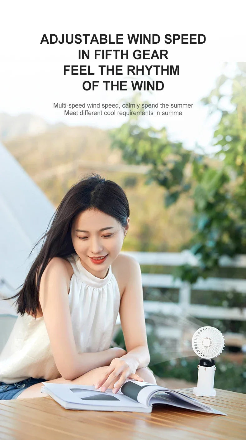 Mini ventilateur portable 5 vitesses USB avec écran & base multi-usage