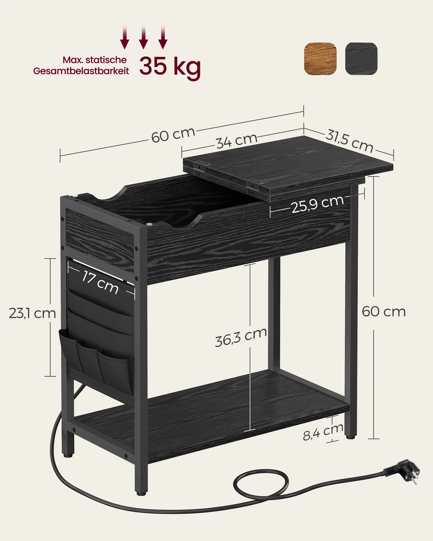 Table d’appoint VASAGLE avec prises & ports USB – plateau rabattable