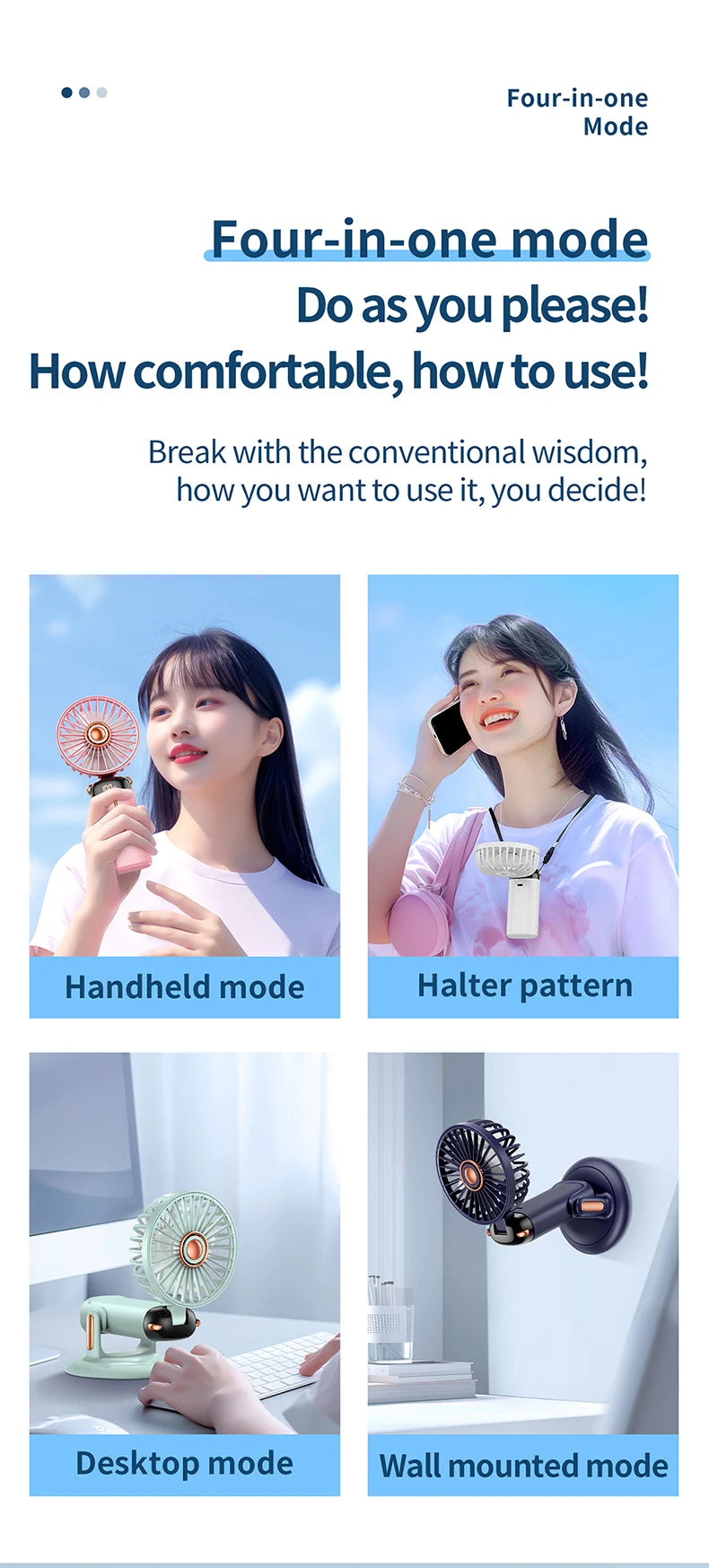 Mini ventilateur portable 5 vitesses USB avec écran & base multi-usage