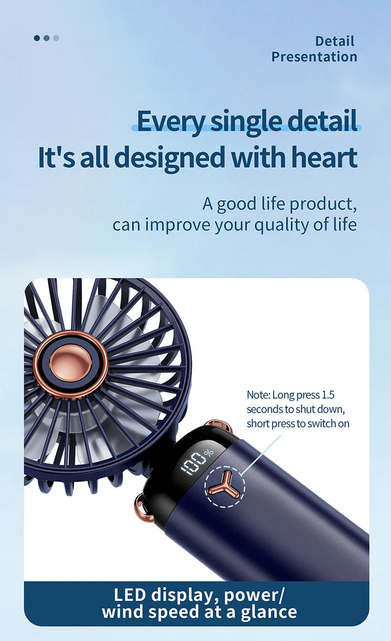 Mini ventilateur portable 5 vitesses USB avec écran & base multi-usage