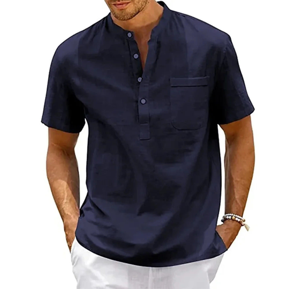 Chemise col Henley homme – coton & lin manches courtes style vintage