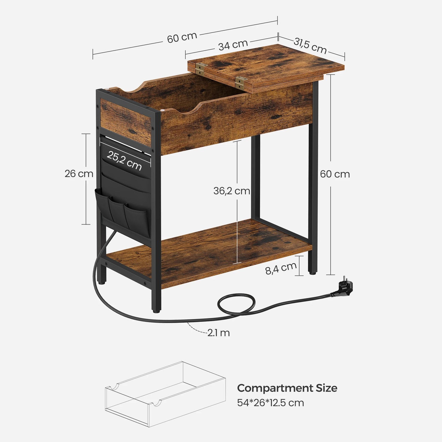 Table d’appoint VASAGLE avec prises & ports USB – plateau rabattable