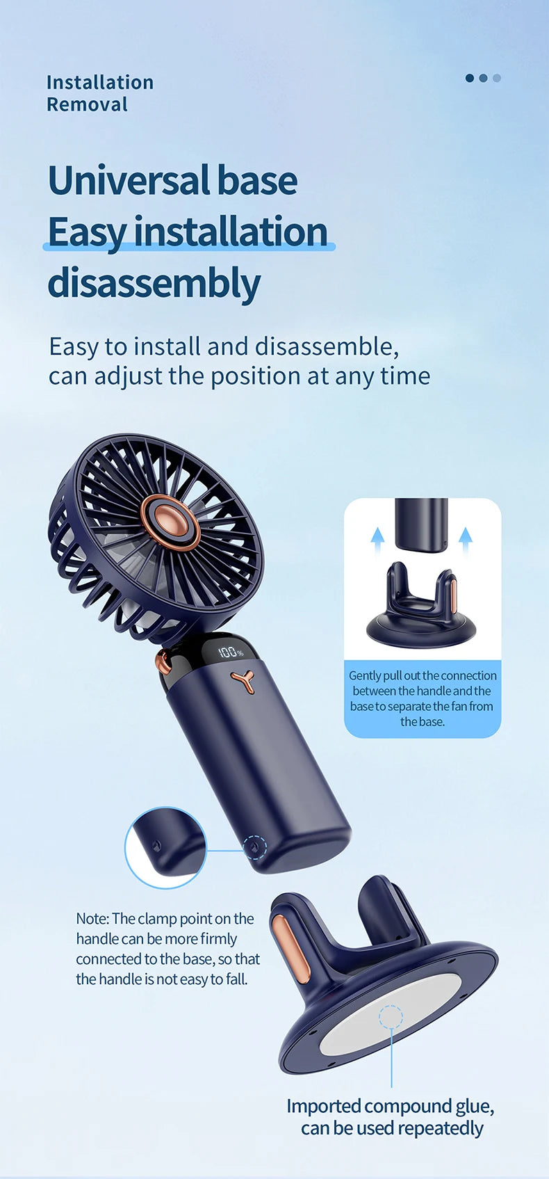 Mini ventilateur portable 5 vitesses USB avec écran & base multi-usage