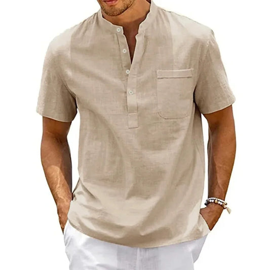 Chemise col Henley homme – coton & lin manches courtes style vintage
