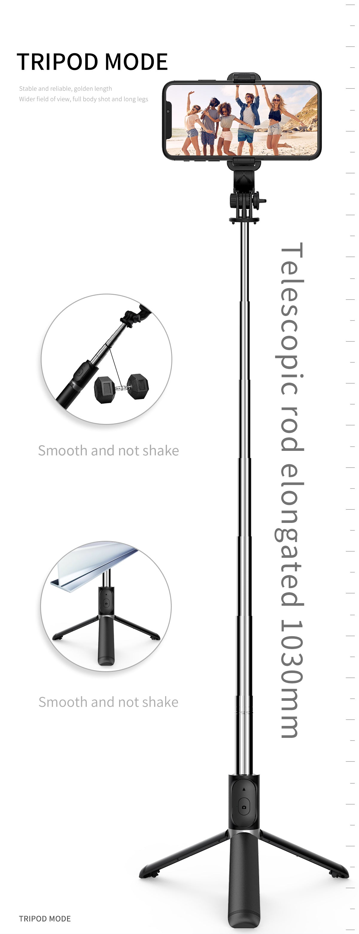 Perche selfie trépied 3‑en‑1 extensible – avec télécommande & rotation 360°