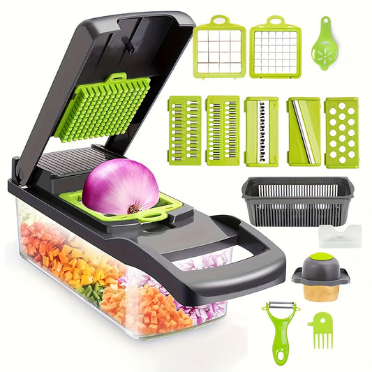 Coupe-légumes multifonction 16‑en‑1 – avec bac & panier égouttoir