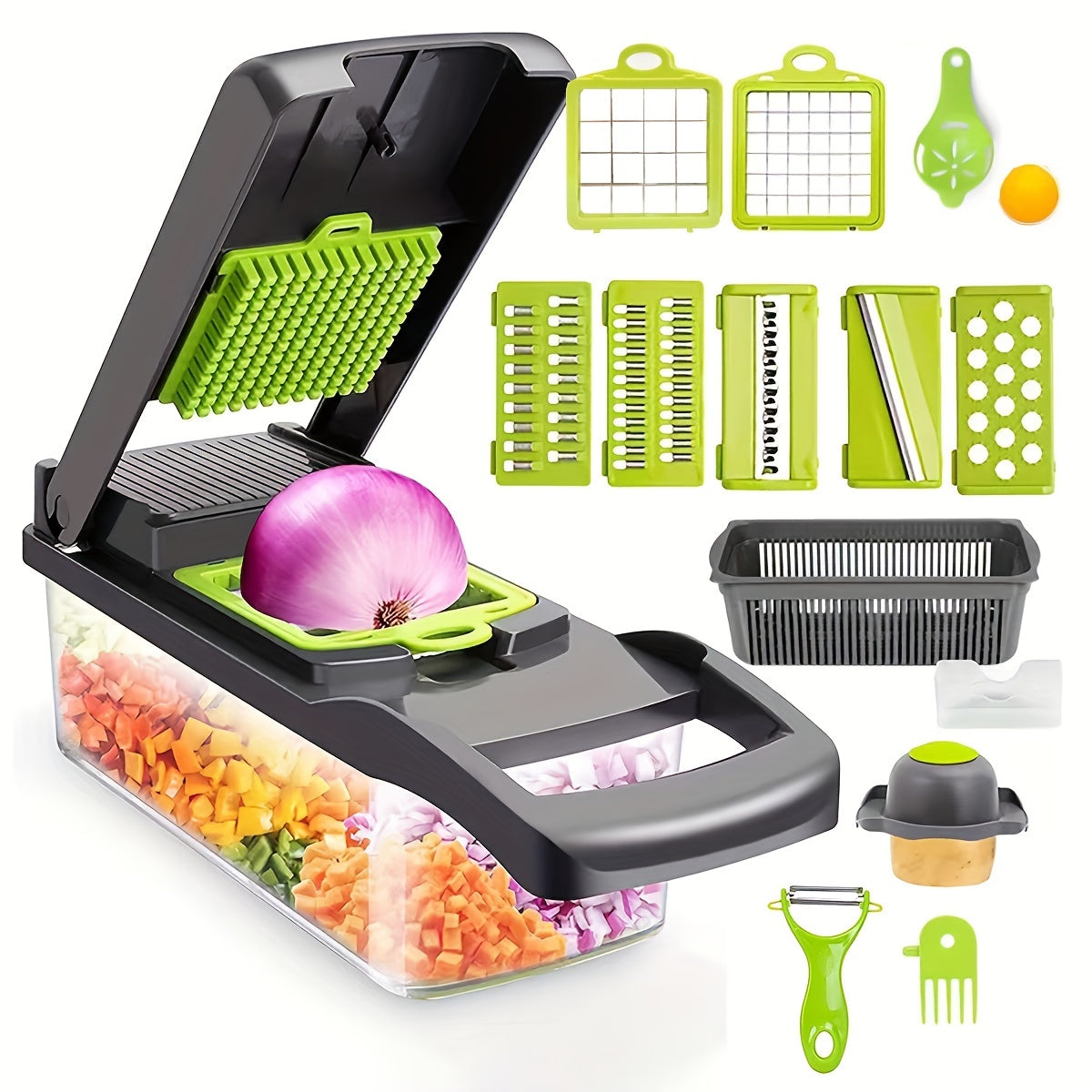 Coupe-légumes multifonction 16‑en‑1 – avec bac & panier égouttoir