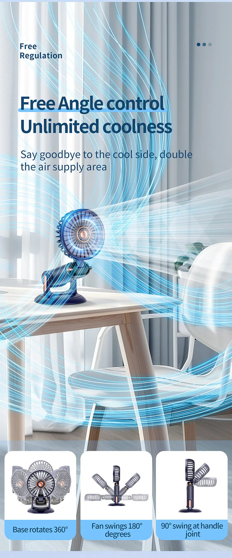 Mini ventilateur portable 5 vitesses USB avec écran & base multi-usage