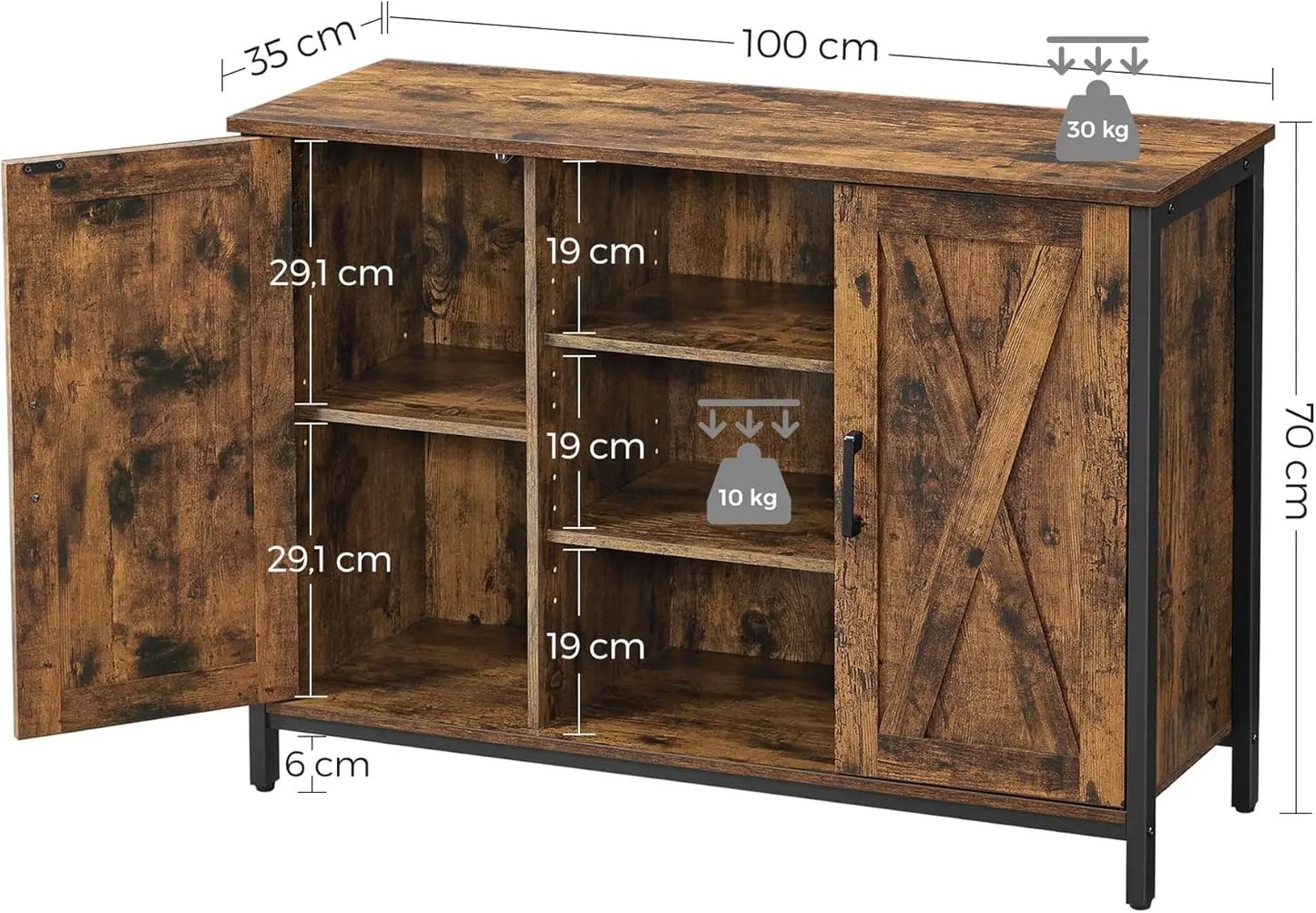 Buffet VASAGLE 100×35×70 cm – style rustique & étagères ouvertes