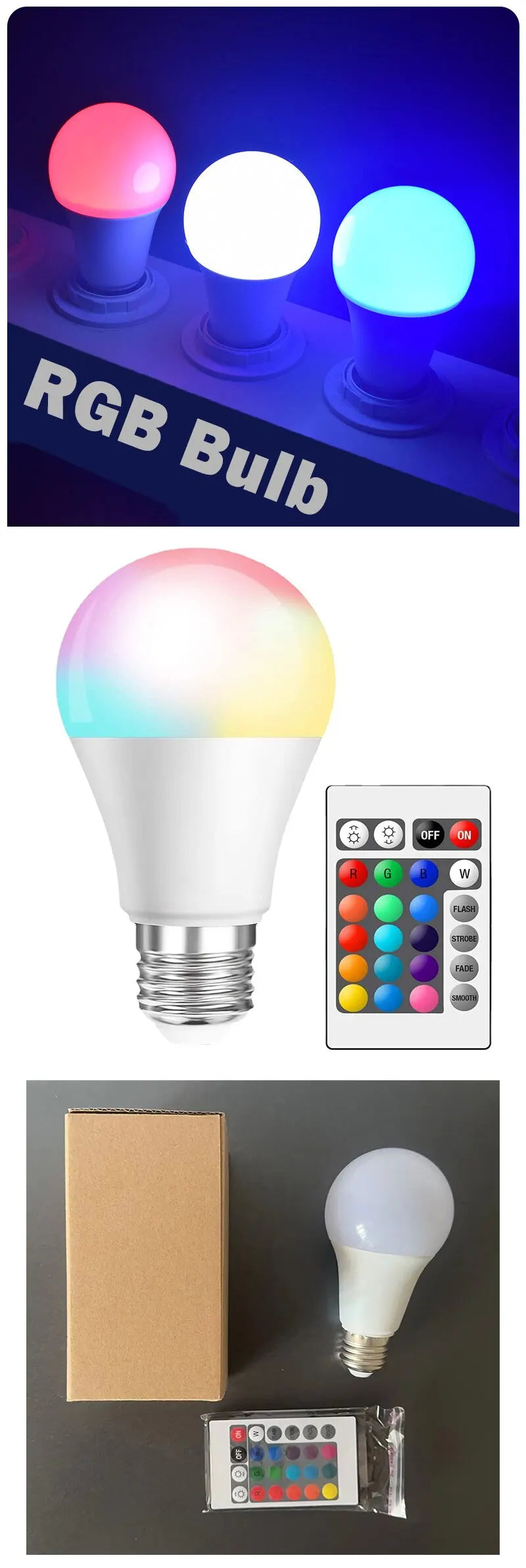Ampoule LED RGB E27 – 16 couleurs + télécommande