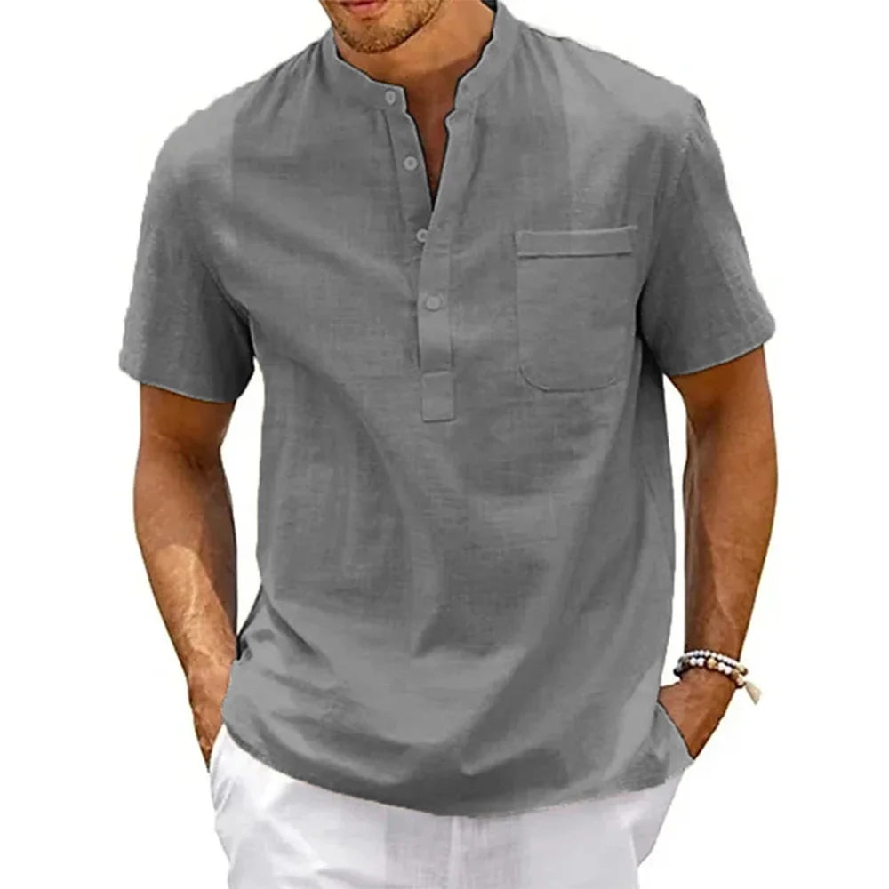 Chemise col Henley homme – coton & lin manches courtes style vintage