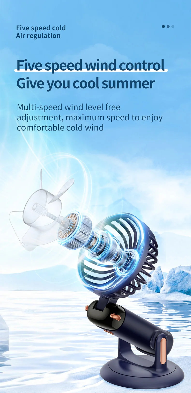 Mini ventilateur portable 5 vitesses USB avec écran & base multi-usage