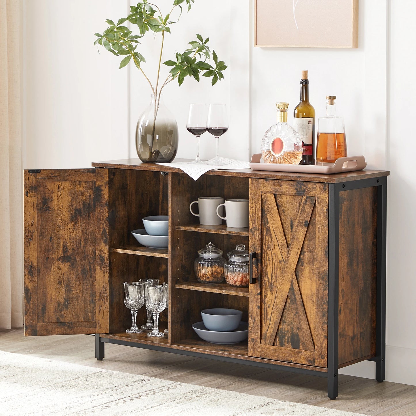 Buffet VASAGLE 100×35×70 cm – style rustique & étagères ouvertes