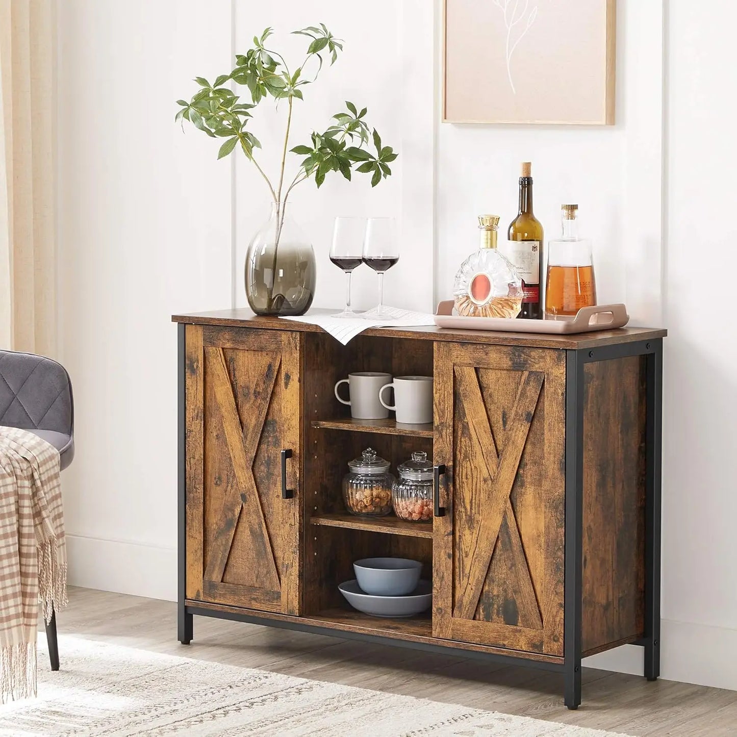 Buffet VASAGLE 100×35×70 cm – style rustique & étagères ouvertes