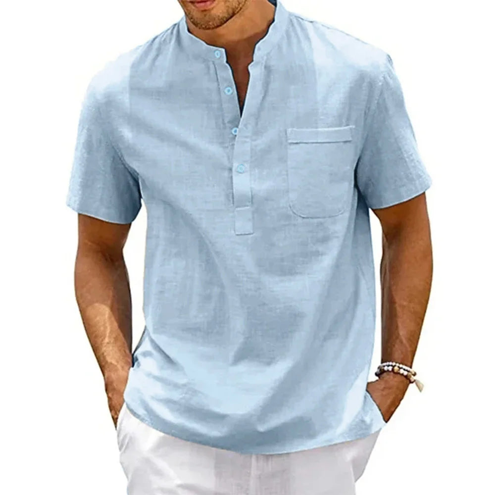 Chemise col Henley homme – coton & lin manches courtes style vintage