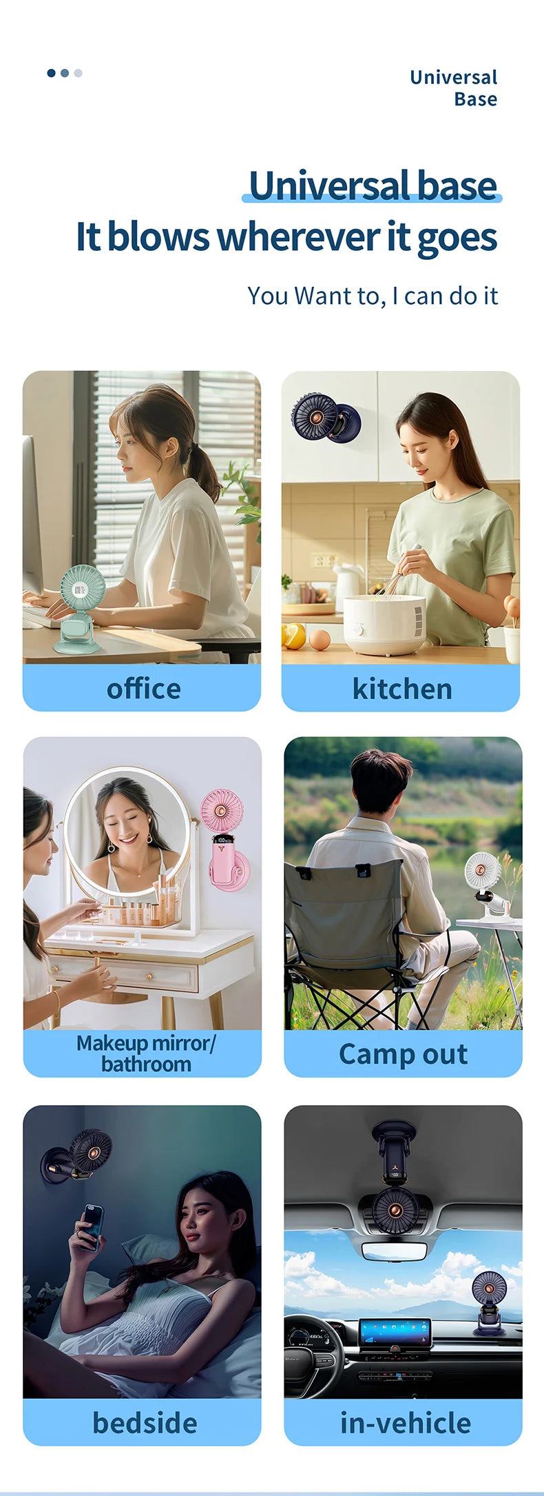 Mini ventilateur portable 5 vitesses USB avec écran & base multi-usage
