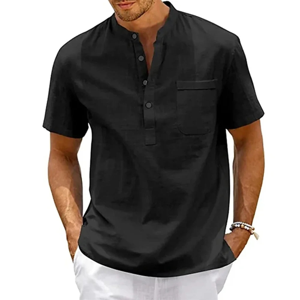 Chemise col Henley homme – coton & lin manches courtes style vintage