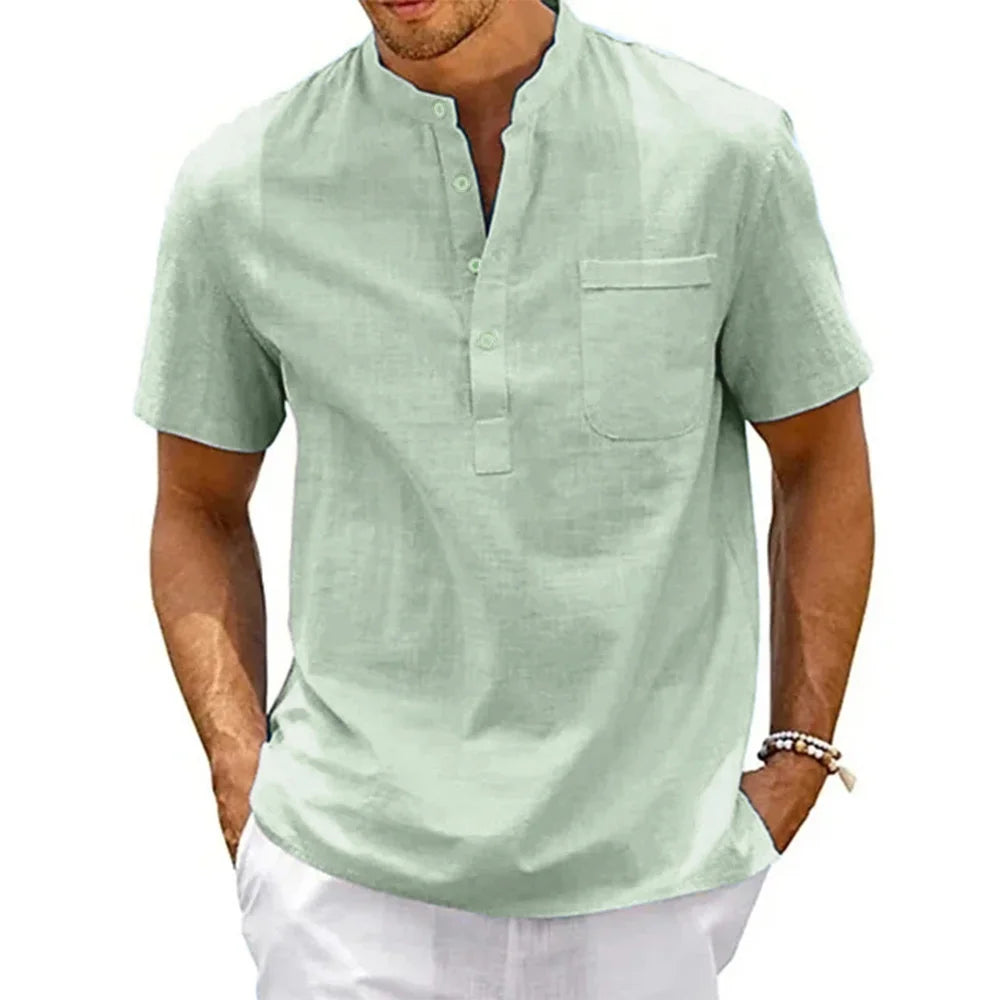 Chemise col Henley homme – coton & lin manches courtes style vintage