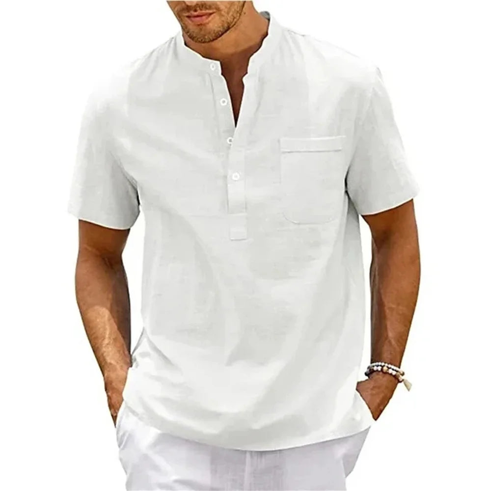 Chemise col Henley homme – coton & lin manches courtes style vintage
