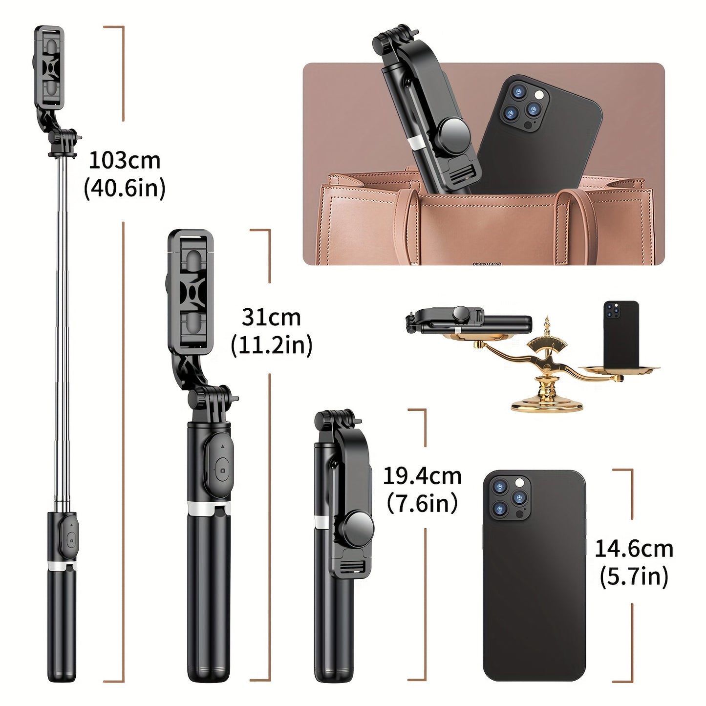 Perche selfie trépied 3‑en‑1 extensible – avec télécommande & rotation 360°