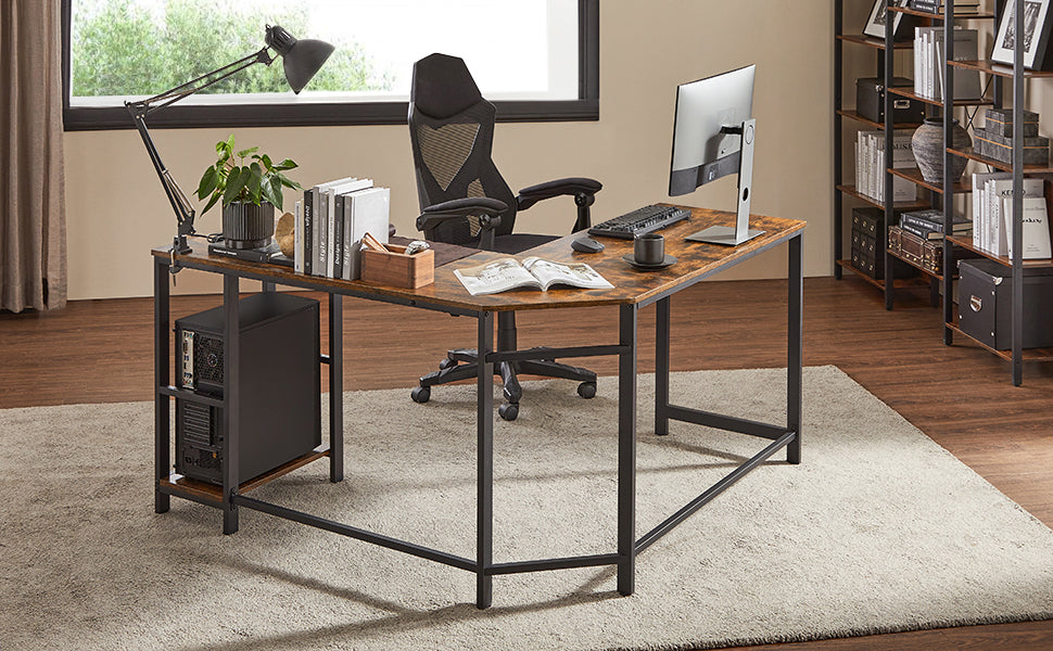 Bureau d’angle en L VASAGLE – avec 2 étagères & structure industrielle